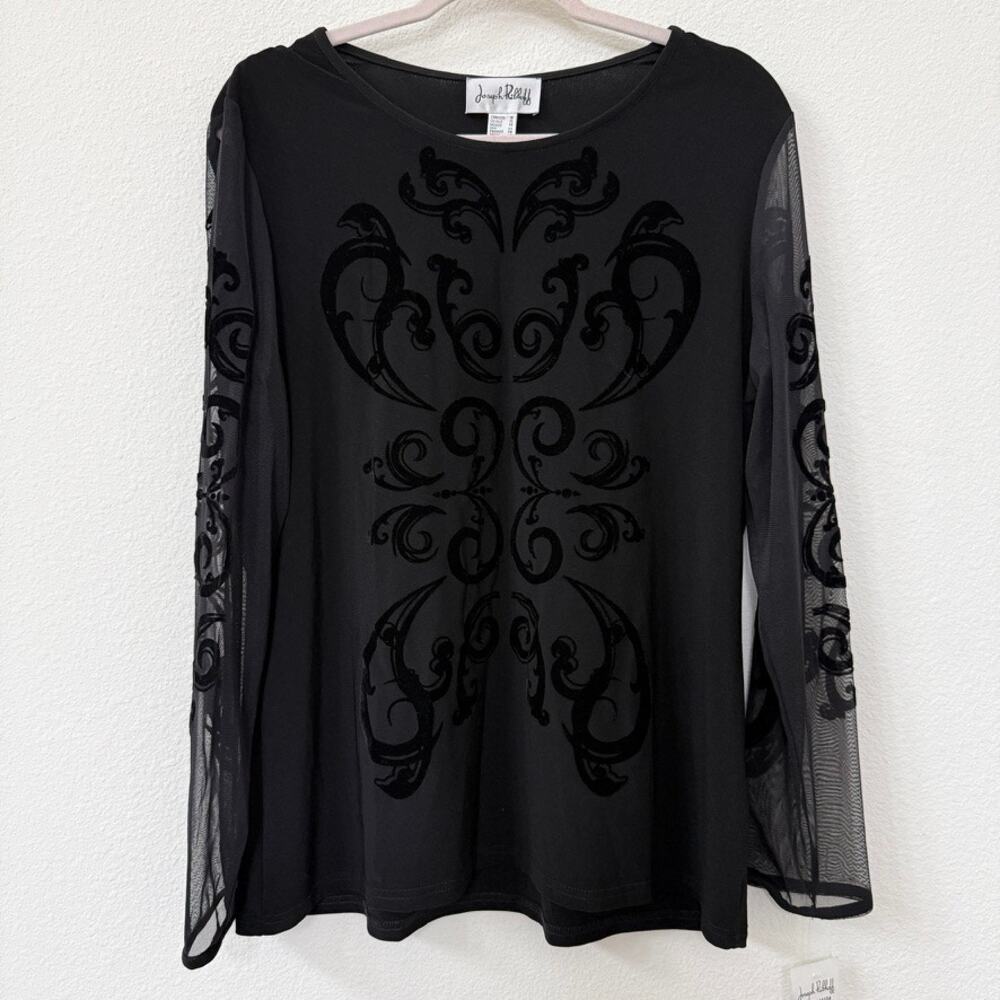Joseph Ribkoff Black Sheer Mesh Velvet Flocked Scroll Evening Top NWT Size‎ 16